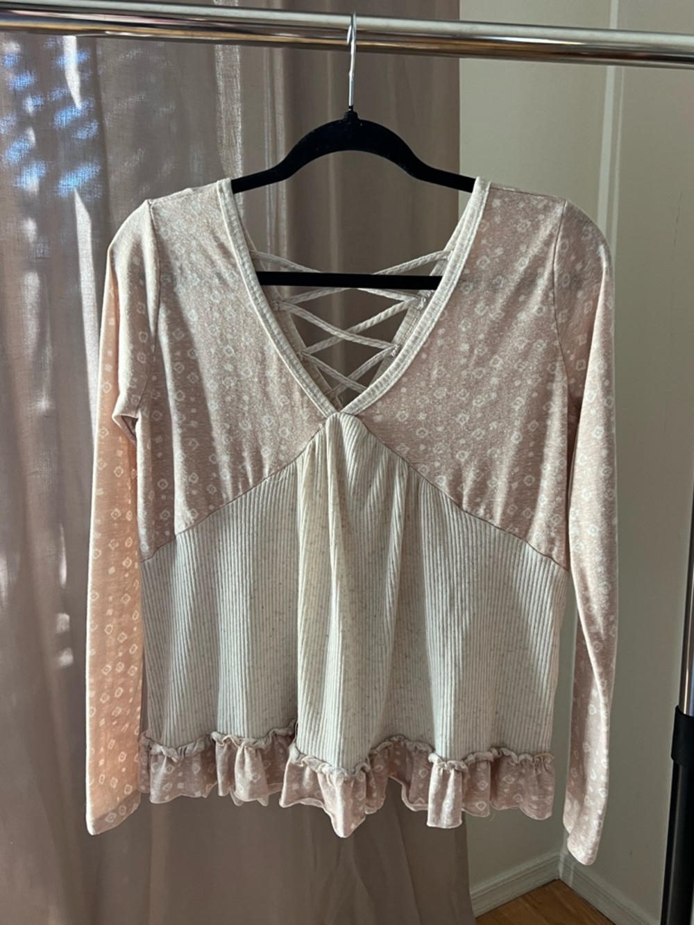 Light Blush & Cream Lace-Up Long Sleeve Top